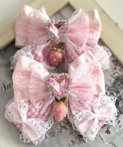 ゆめかわヘアリボンピン　フリルライトピンク×ピンクチェック×ハート