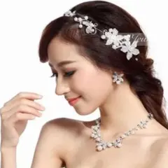 フラワーお花蝶パールヘッドドレスネックレスイヤリング結婚式ブライダル3点セットc