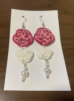 水引ピアス 梅結び ピンク×赤×白 和風 パール ハンドメイド　ティッシュ付