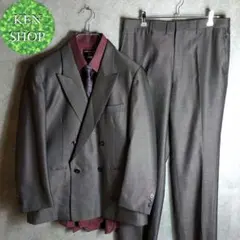 スーツセットアップ　シルバーグレー　ダブル　ボタニカル柄ネクタイシャツ付　古着