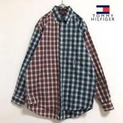 【レアデザイン】トミーヒルフィガー　BDチェックシャツ　オールドロゴ　赤×緑