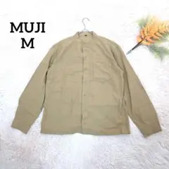 無印良品 メンズ長袖シャツ(M)カーキ色 コットンバンドカラー洗いざらし