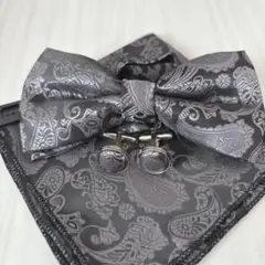 【新品】蝶ネクタイ カフスボタン ポケットチーフ ３点セット ブラック シルバー