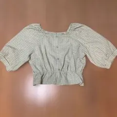 ブラウス　グリーンチェック バルーンスリーブ シャツ L