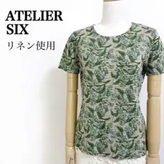 アトリエシックス◎花柄ボーダー リネン混 半袖カットソー M相当 韓国製