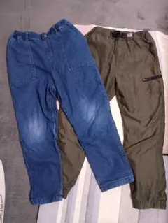 最終値下げ！ユニクロデニムとオリーブグリーンの冬用パンツセット　140cm