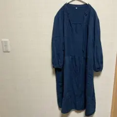 大人可愛いXL 紺 ジャガード ロングワンピース Vネック痩せ見え コットン 藍
