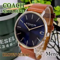 良品 COACHコーチ メンズ腕時計ブルー ブラウンレザーベルト存在感抜群 紐育のサムネイル