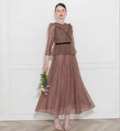 Leja レース花柄レイヤード配色フレアバックリボンロングワンピースドレス