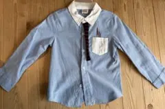 青い長袖シャツ ネクタイ風