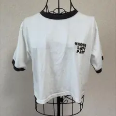 ファン　バックプリント　一部刺繍英字　半袖Tシャツ　ややショート丈　白のサムネイル