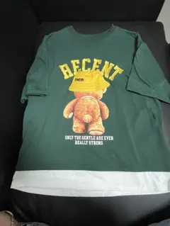 ベアプリント 半袖Tシャツ グリーン×ホワイト 重ね着風のサムネイル