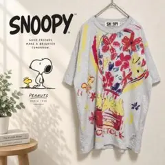 SNOOPY スヌーピー 総柄 アートプリント Tシャツ L