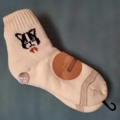 裏面ボアソックス STREAM 猫刺繍ソックス クリーム色 暖か靴下