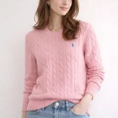 美品 ポロバイラルフローレン ケーブルニット ピンク L 綿100% 男女兼用
