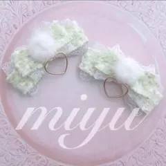 ヘアクリップ♡ふわもこベビーミントグリーン　ゴールドハート　ロリィタ　推し