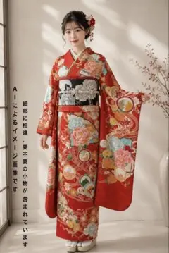 振袖袋帯セット 鈴乃屋扱い 真紅縮緬振袖 共八掛 正絹 六通柄袋帯 引箔