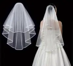 ホワイトウェディングベール 二層 80cm コーム付き パイピング ヴェール
