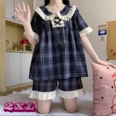 パジャマ　2XL ネイビー チェック ルームウェア 部屋着 半袖 上下セット