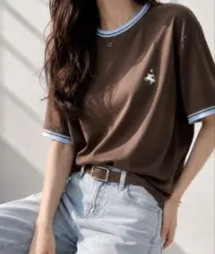 ブラウン×ライトブルー ワンポイントルーズTシャツ