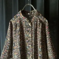 希少 花柄 総柄シャツ レトロ ブラック アート vintage マオカラー