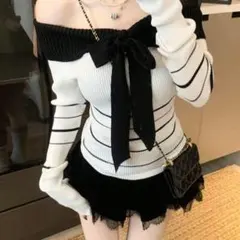 オフショルダー ストライプ ニットセーター SHEIN