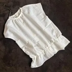 【イネド】裾ギャザー入りフレンチスリーブストライプブラウス（S）ホワイトのサムネイル