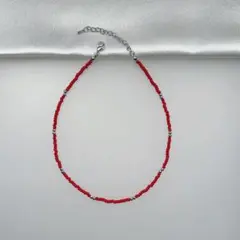 ビーズネックレス　チョーカー　レッド×メタル大ビーズ ハンドメイド