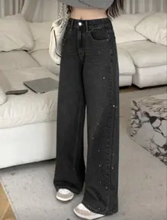 ラインストーン装飾ワイドレッグジーンズ スパンコール