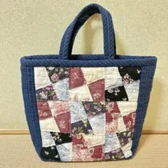 パッチワークトートバッグ ネイビー×ピンク