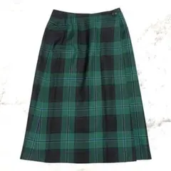 ヨークランド タータンチェック ウールスカート 11AR グリーン 膝下