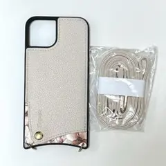iPhone14ケース　ショルダーストラップ付き　カード入れ　花柄エクリュ
