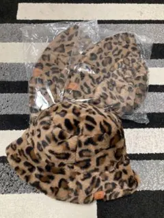 ヒョウ柄　ボア　バケハ　3点セット　ニット帽子