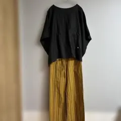 秋色！ショコラフィネローブ リネン混マスタードストライプワイドパンツ　Fサイズ