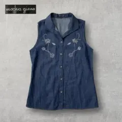 デニムベスト ノースリーブデニムシャツ 花刺繍 ビジュー 前開き レトロ Y2K