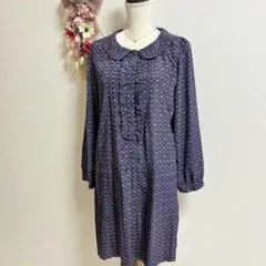 極美品 レトロ 総柄 膝丈ワンピース ネイビー ＬＬ