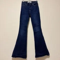 フレアデニム パンツ 無地 青 S ストレッチ