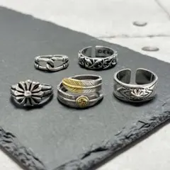 【お得な5点セット！】シルバー リング 花 フェザー メンズ ヴィンテージ