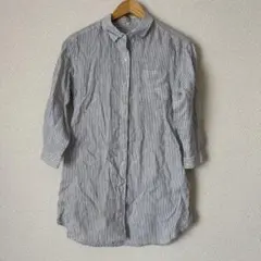 【無印良品】ストライプ 七分袖 ボタンシャツ　麻100% 訳あり
