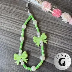 G1☪︎ 　ビーズ　キーホルダー　スマホ　ストラップ　緑　グリーン　リボン