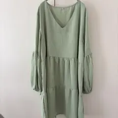ティアードワンピース Vネック ボリューム袖 XL 緑 インポート ゆったり