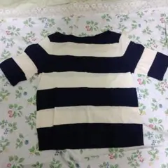 HUMAN WOMAN 半袖ニット M ネイビー× アイボリー ボーダー