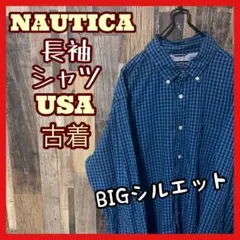 ノーティカ メンズ チェック XL ブルー シャツ ボタンダウン 古着 長袖
