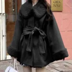 GRL グレイル ベルト付きファーステンカラーコート ブラック k9300d