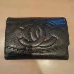 CHANEL 三つ折り財布 ブラックレザー