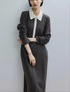 アダムエロペ　ダークグレー 襟付き ロングワンピース