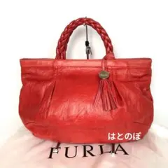 FURLA ハンドバッグ レザー 赤 編み込み ハンドル タッセル チャーム