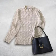 花柄 ハイネック ストレッチ カットソー L ベージュ きれいめ カジュアル