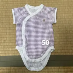 ファミリア　紫のチェック柄ロンパース 半袖　50センチ