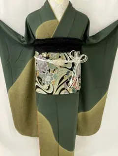 美品 正絹振袖7点フルセット 深緑 金彩 豪華 古典 成人式 上質